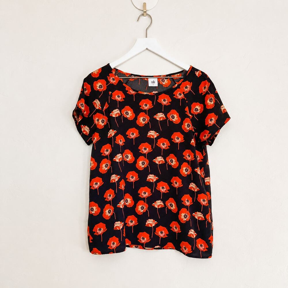 CAbi Dark Floral Poppy Split Back Blouse Art Teacher Workwear Top Small
